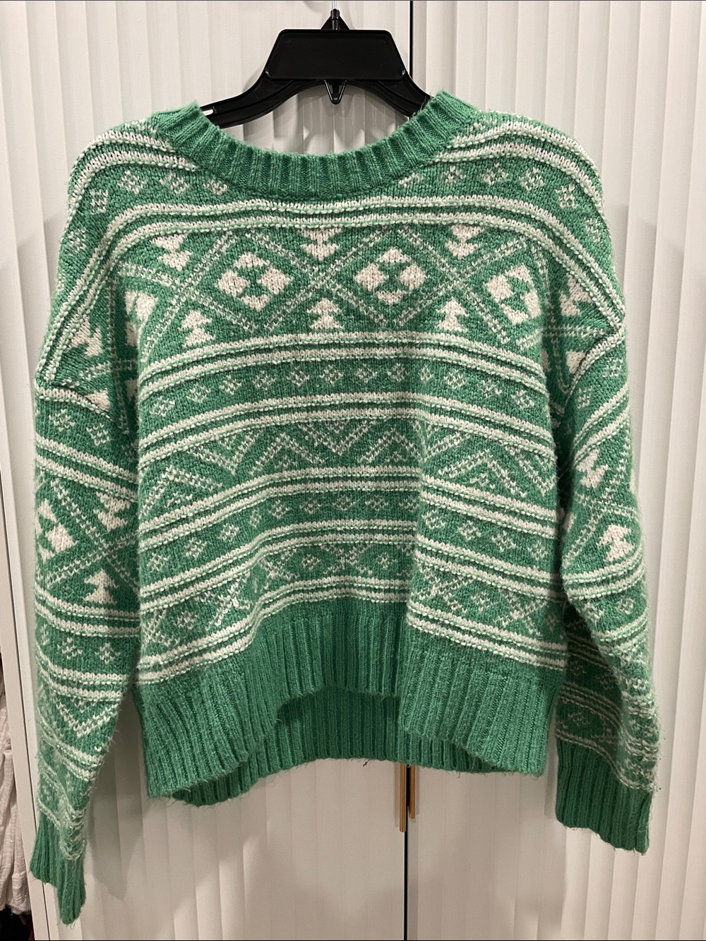 American Eagle Outfitters Green and White Fair Isle Crewneck Sweater